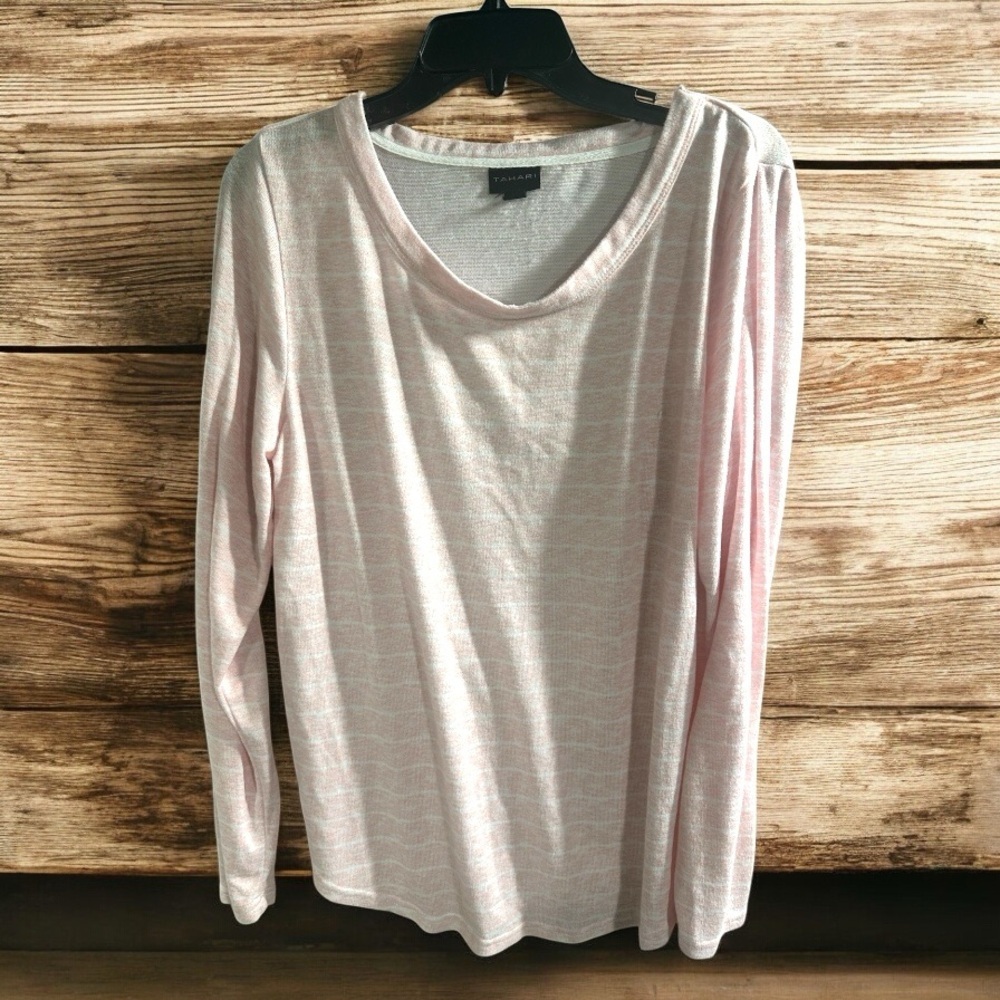 Tahari Striped Pink White Long Sleeve Short Size Large Soft Flowy Comfortable